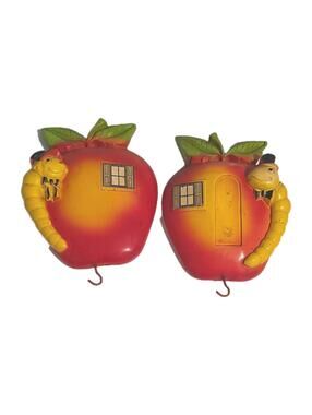 2 Vtg Chalkware Apple + Worm Red Stringholder 6.5" by Miller Studios 1976 Read